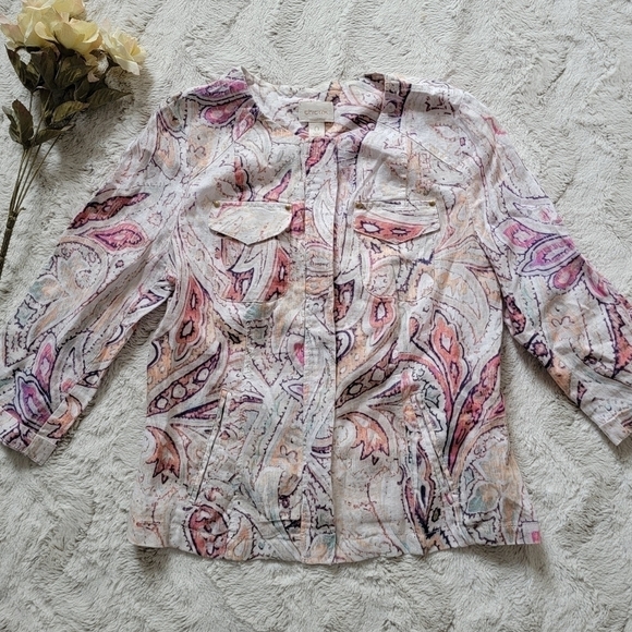 ✨CL Chico's 100% Linen Paisley Pastel Color Print Full Zip 3/4 Sleeve Blazer 0 - Picture 2 of 13